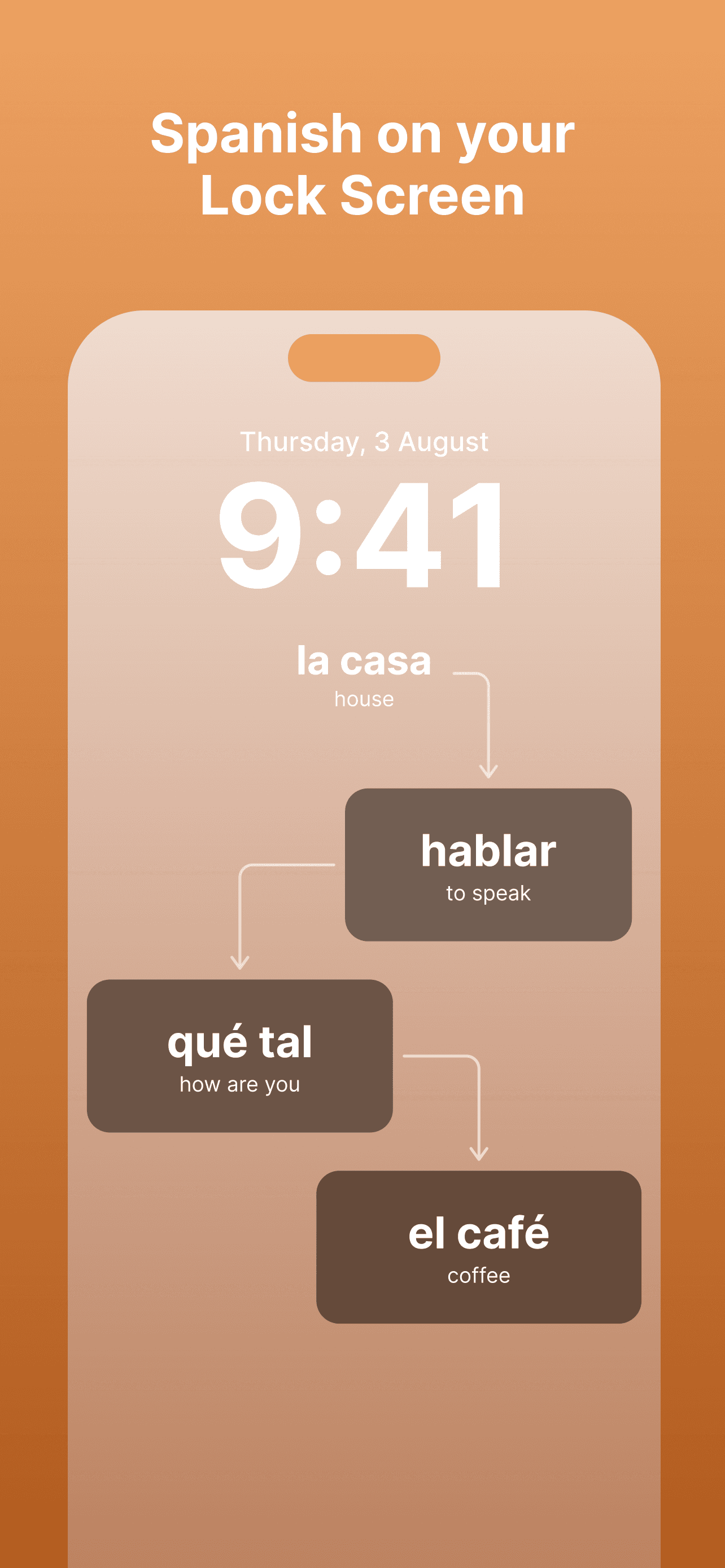 Spanish on your Lock Screen — Better Español on the iPhone Lock Screen, showing la casa, hablar, qué tal and el café with their English meanings